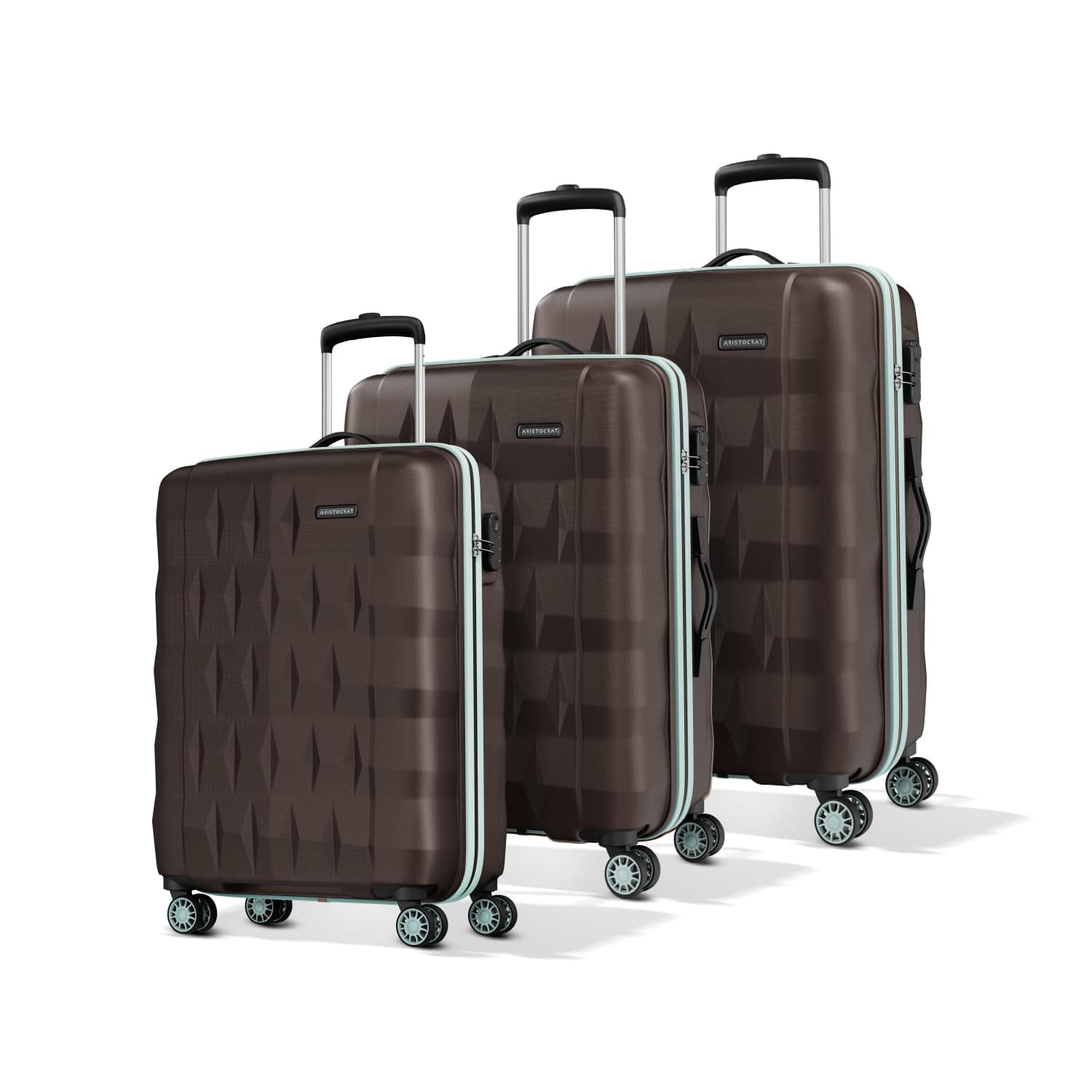 Aristocrat Comet Cabin Polycarbonate Hard Case 8-Wheel Trolley Bag, Green - Dark Brown / Set of 3 (Small + Medium + Large)