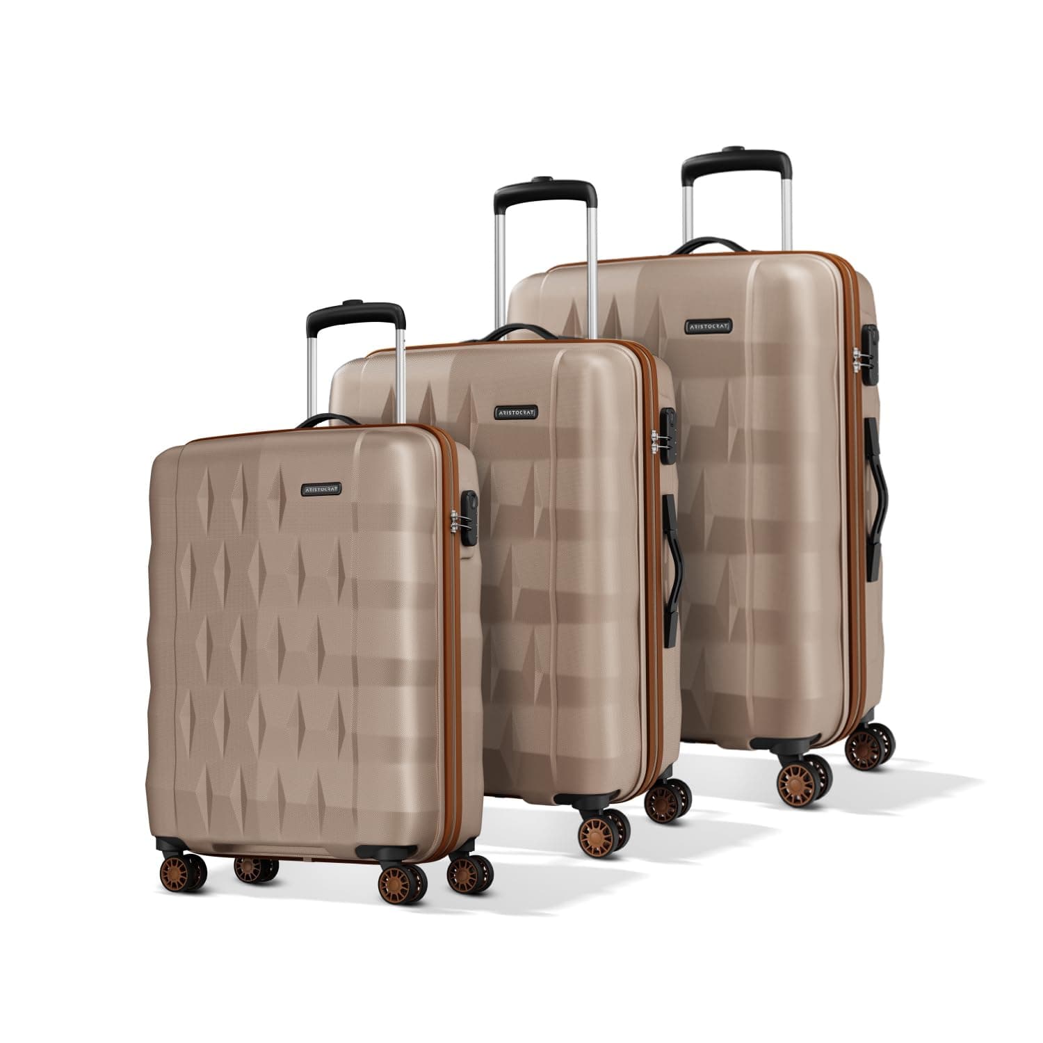 Aristocrat Comet Cabin Polycarbonate Hard Case 8-Wheel Trolley Bag, Green - Champagne / Set of 3 (Small + Medium + Large)