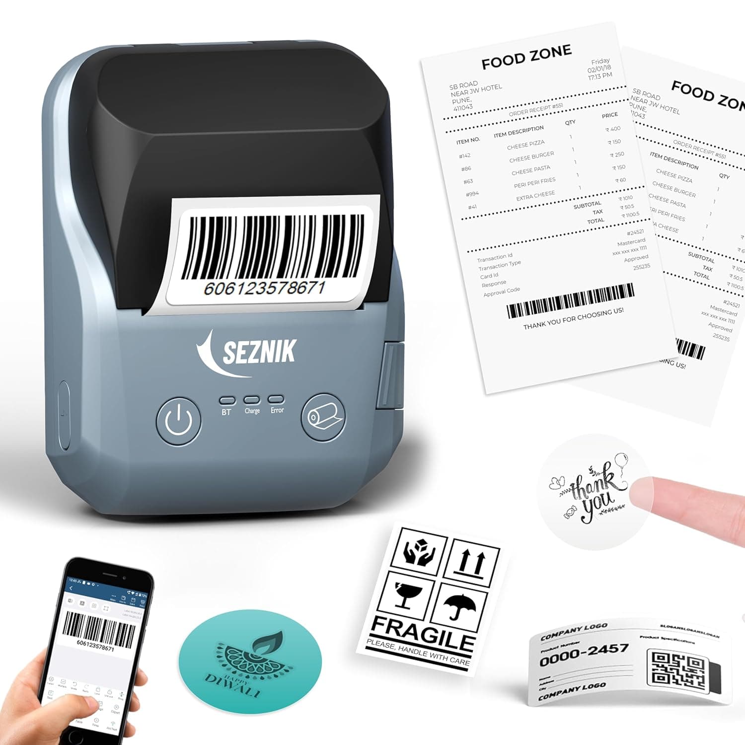 SEZNIK DEV Bluetooth Thermal Label + Receipt Printer for Business | Inkless Mini | 203 DPI | Mobile, Desktop Compatible | Upto 2 inch Print | Lifetime Free Label Print App | 1 Year Warranty - Dev (Label + Receipt Printer)