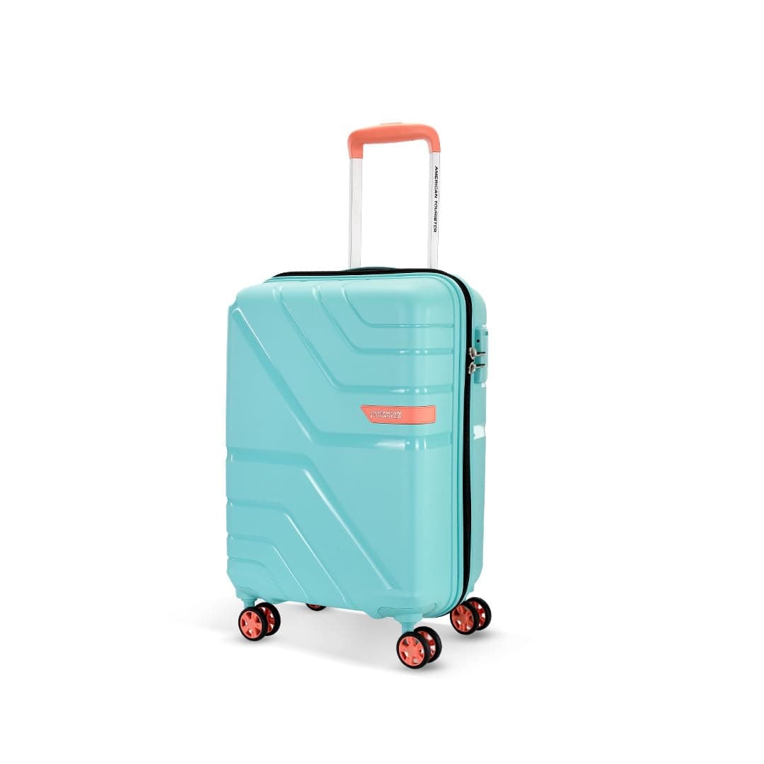 American Tourister Qubiz | Check-in Trolley Bag (80 cm) | 360° 8 Wheel Travel Luggage | Hard Case Polypropylene Suitcase | Recessed Combination Lock - Pool Blue / Cabin | 55 cm | Small