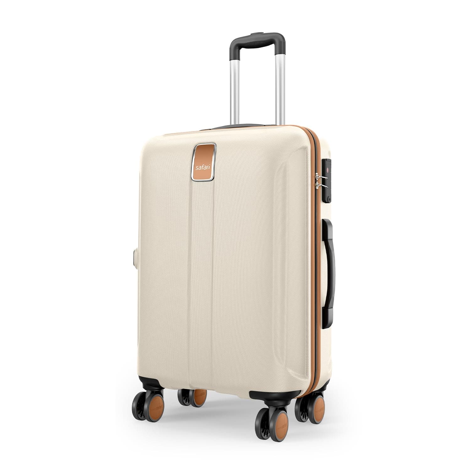 Safari Thorium Royale 8 Wheels 55cm Cabin Trolley Bag Hard Case Carry-on Polycarbonate Luggage, TSA Lock, Wet Pouch Organized Interior, Suitcase for Travel, Trolley Bags for Travel - Vanilla Tan / 66 cm | Medium