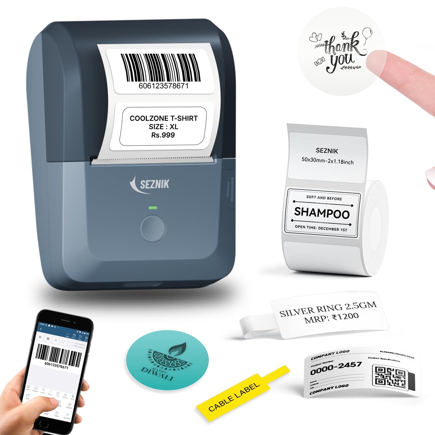 SEZNIK DEV Bluetooth Thermal Label + Receipt Printer for Business | Inkless Mini | 203 DPI | Mobile, Desktop Compatible | Upto 2 inch Print | Lifetime Free Label Print App | 1 Year Warranty - Tej (2-inch Compact Label Printer)