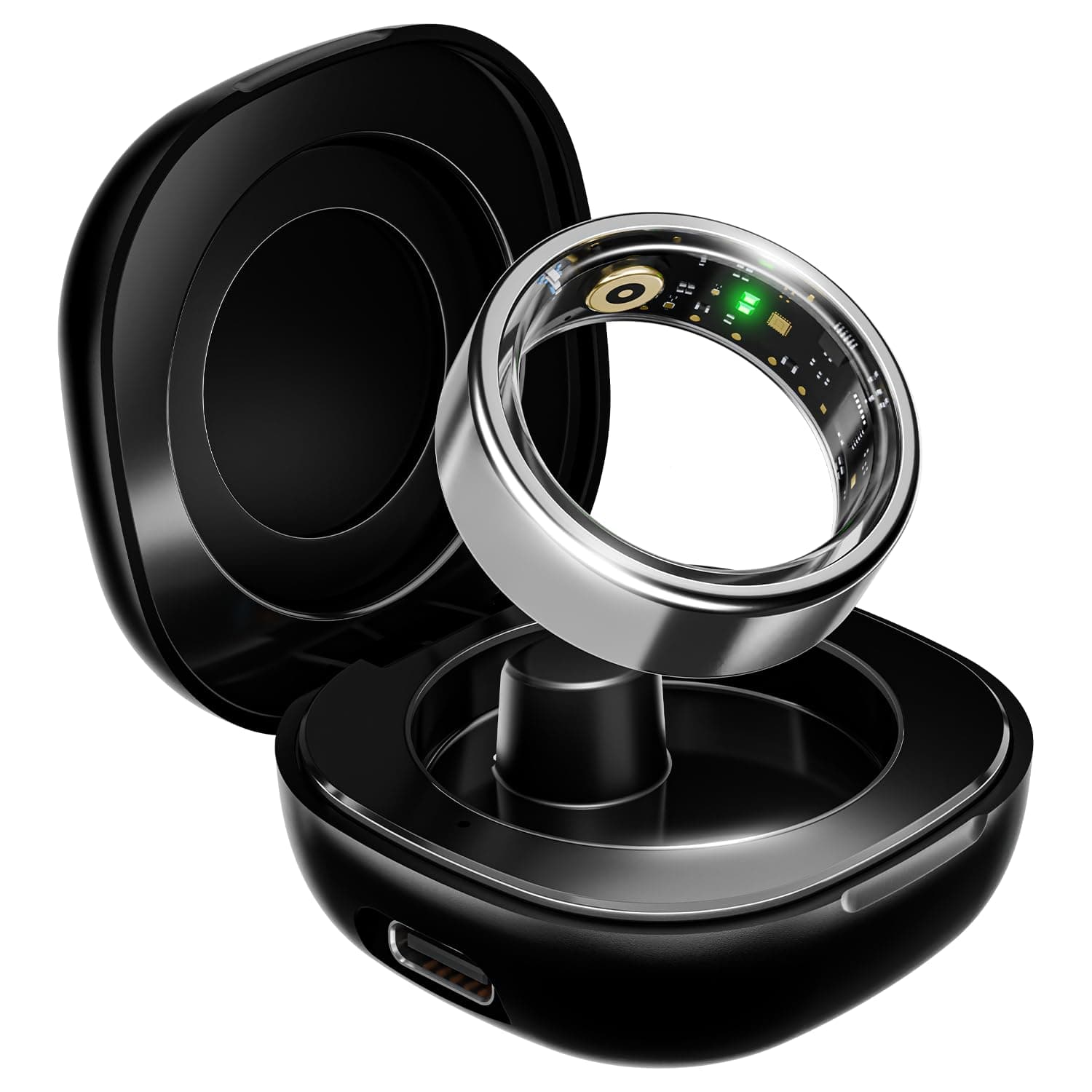 Boat SmartRing Active w/Stylish Stainless-Steel & Lightweight, Health Monitor, Magnetic Charging Case, 5ATM,Crest App & Coins, 20+ Sports Modes(Midnight Black 11) - Radiant Silver-Size 9(60mm-62mm)