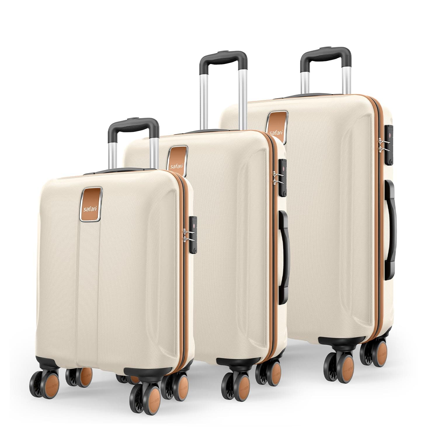Safari Thorium Royale 8 Wheels 55cm Cabin Trolley Bag Hard Case Carry-on Polycarbonate Luggage, TSA Lock, Wet Pouch Organized Interior, Suitcase for Travel, Trolley Bags for Travel - Vanilla Tan / Set of 3 ( 55 cm/66 cm/77 cm )
