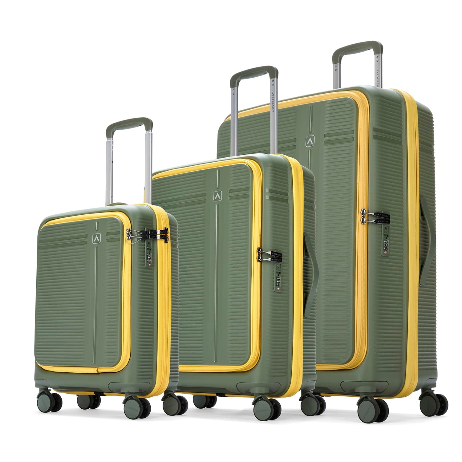 Aristocrat Solana Cabin Hard Case Trolley Bag with Laptop Compartment - Green / Set of 3 | 53 cm/65 cm/75 cm | Small/Medium/Large
