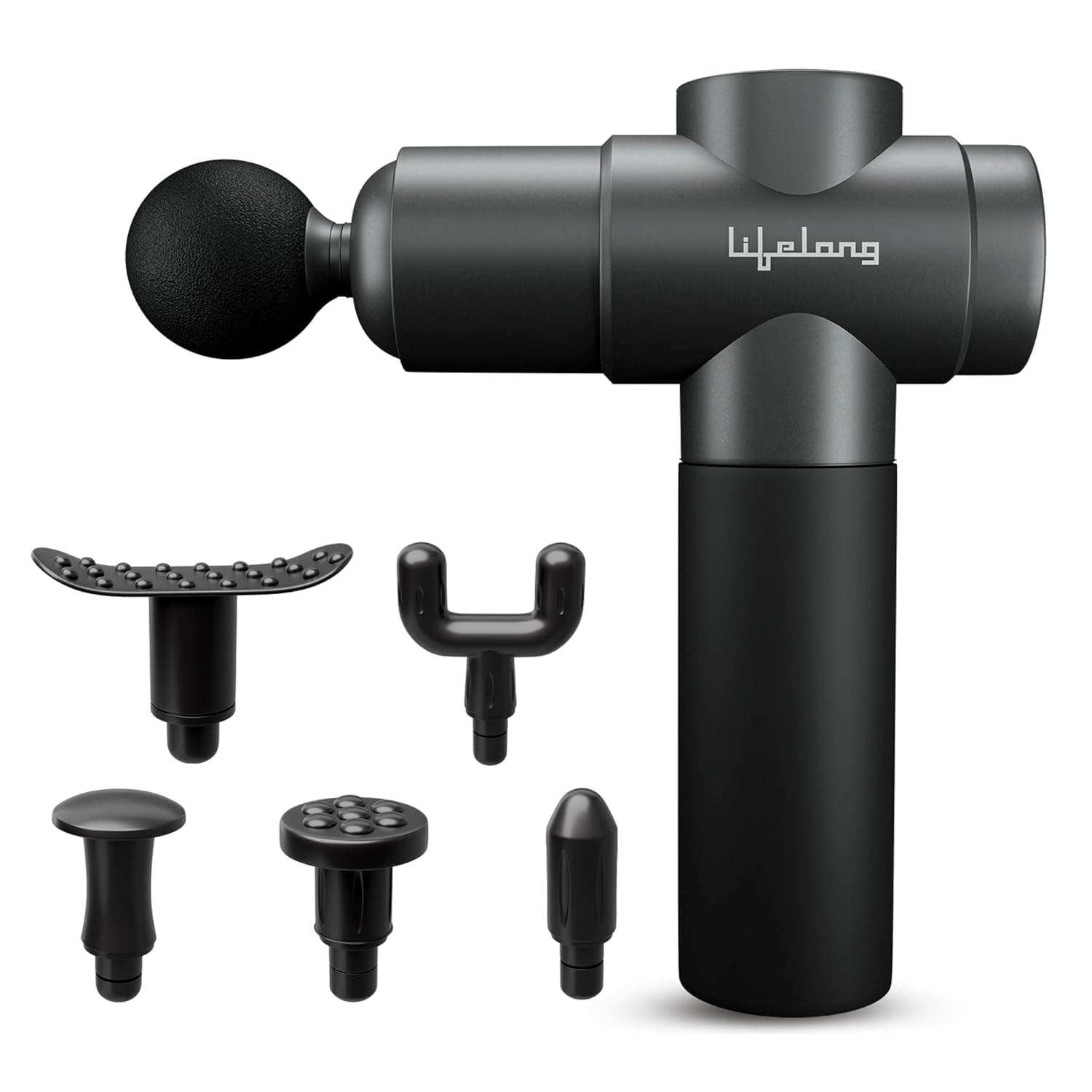 Lifelong LLGM109 Percussion Massage Gun for Pain Relief, Deep Tissue, 6 Speeds & 8 Massage Heads, Cordless, Quiet Operation for Neck, Shoulders, Back, Arms, Legs & Feet (Black) - LLGM163 - Grey