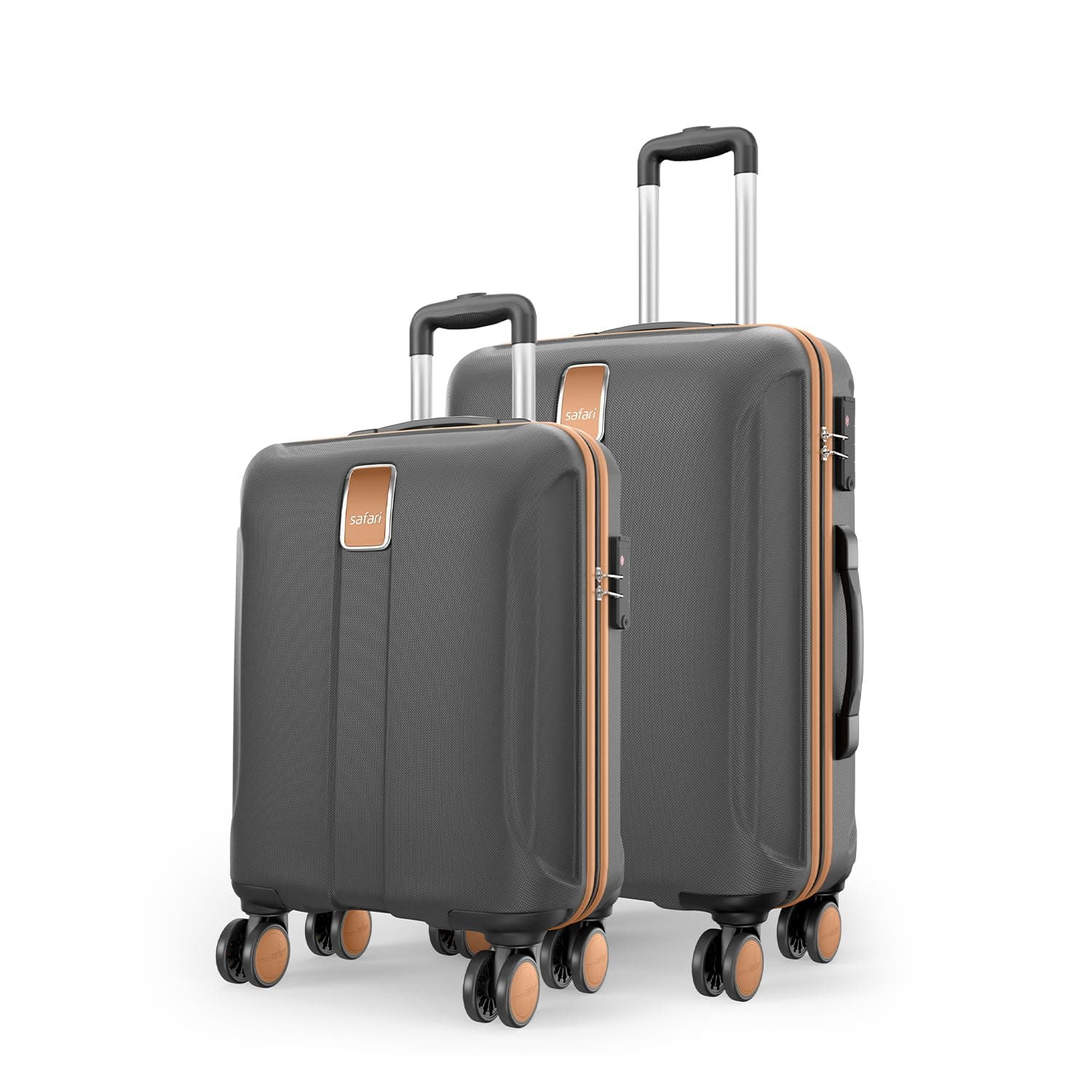 Safari Thorium Royale 8 Wheels 55cm Cabin Trolley Bag Hard Case Carry-on Polycarbonate Luggage, TSA Lock, Wet Pouch Organized Interior, Suitcase for Travel, Trolley Bags for Travel - Gun Metal / Set of 2 ( 55 cm/65 cm )