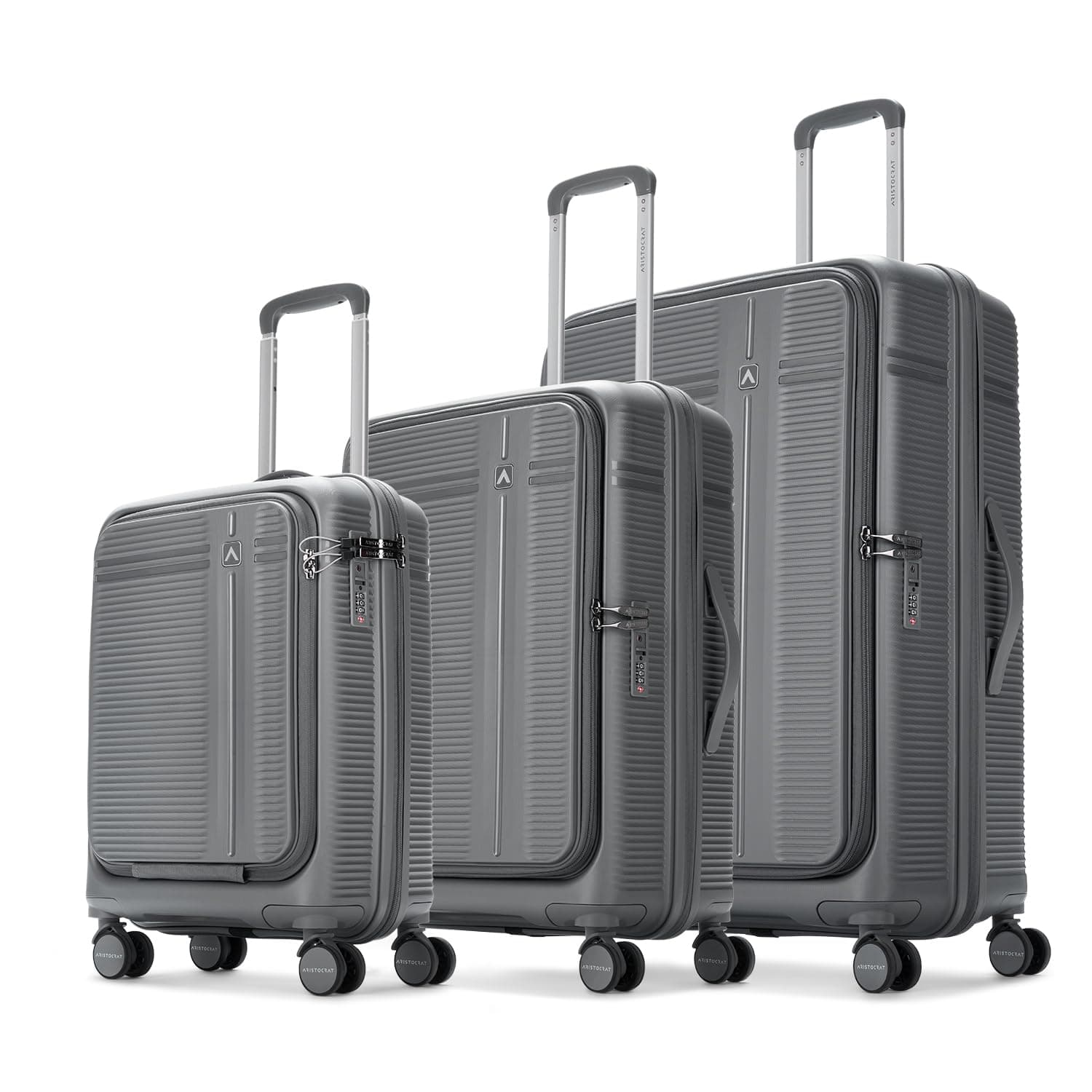 Aristocrat Solana Cabin Hard Case Trolley Bag with Laptop Compartment - Grey / Set of 3 | 53 cm/65 cm/75 cm | Small/Medium/Large