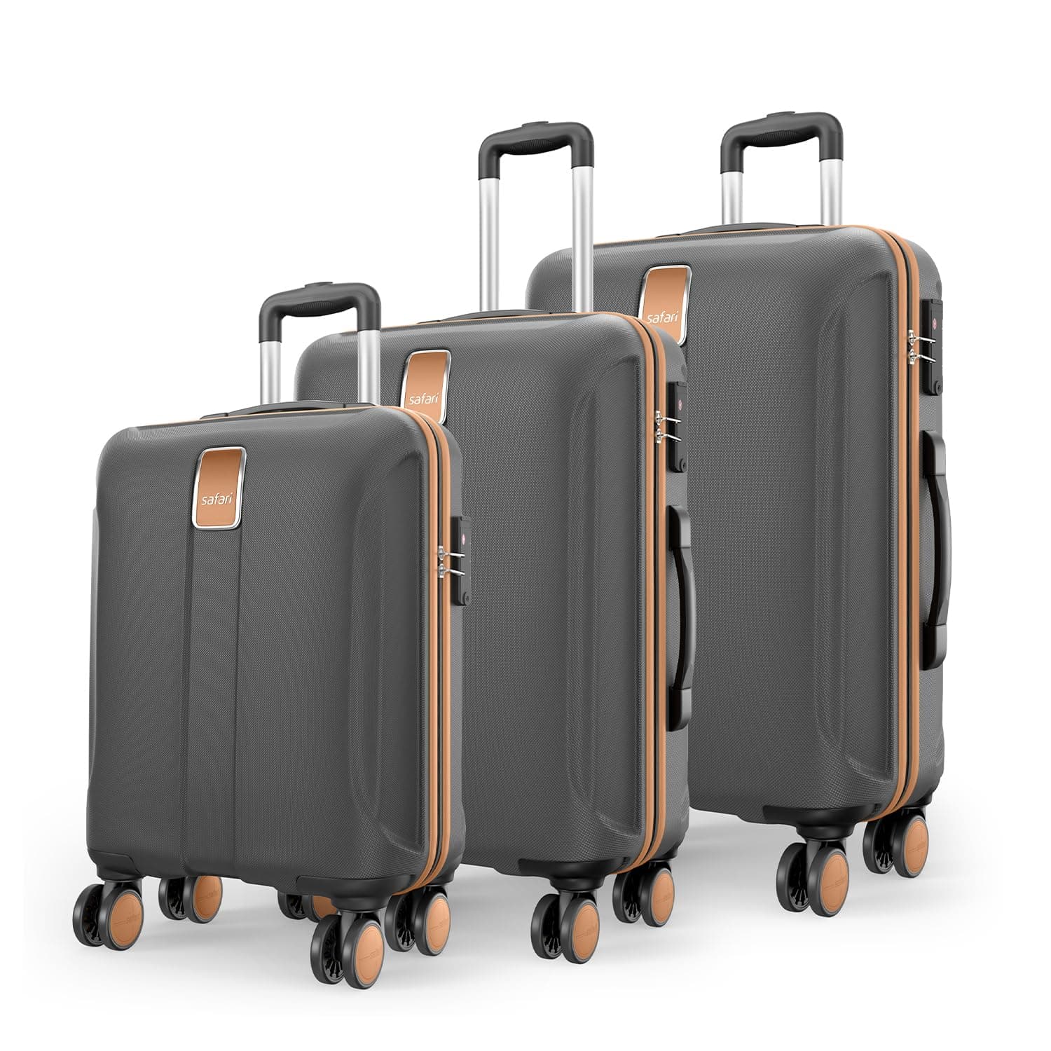 Safari Thorium Royale 8 Wheels 55cm Cabin Trolley Bag Hard Case Carry-on Polycarbonate Luggage, TSA Lock, Wet Pouch Organized Interior, Suitcase for Travel, Trolley Bags for Travel - Gun Metal / Set of 3 ( 55 cm/66 cm/77 cm )
