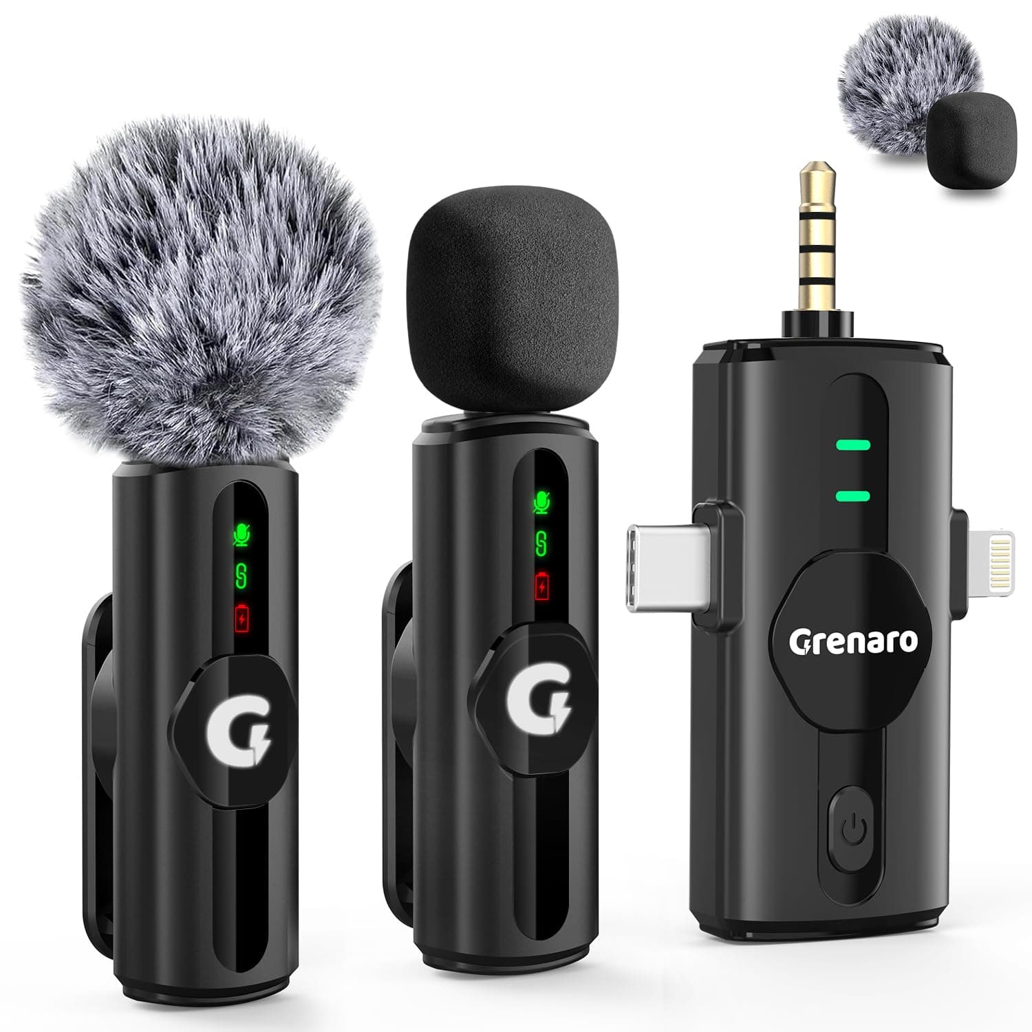 GRENARO Mic for YouTube Wireless, 3-Level Adjustable Noise Reduction Mic Wireless,S12 Wireless Microphone for Youtubers with LED Indicator Light - Dual Channel 3 in 1 Port Version