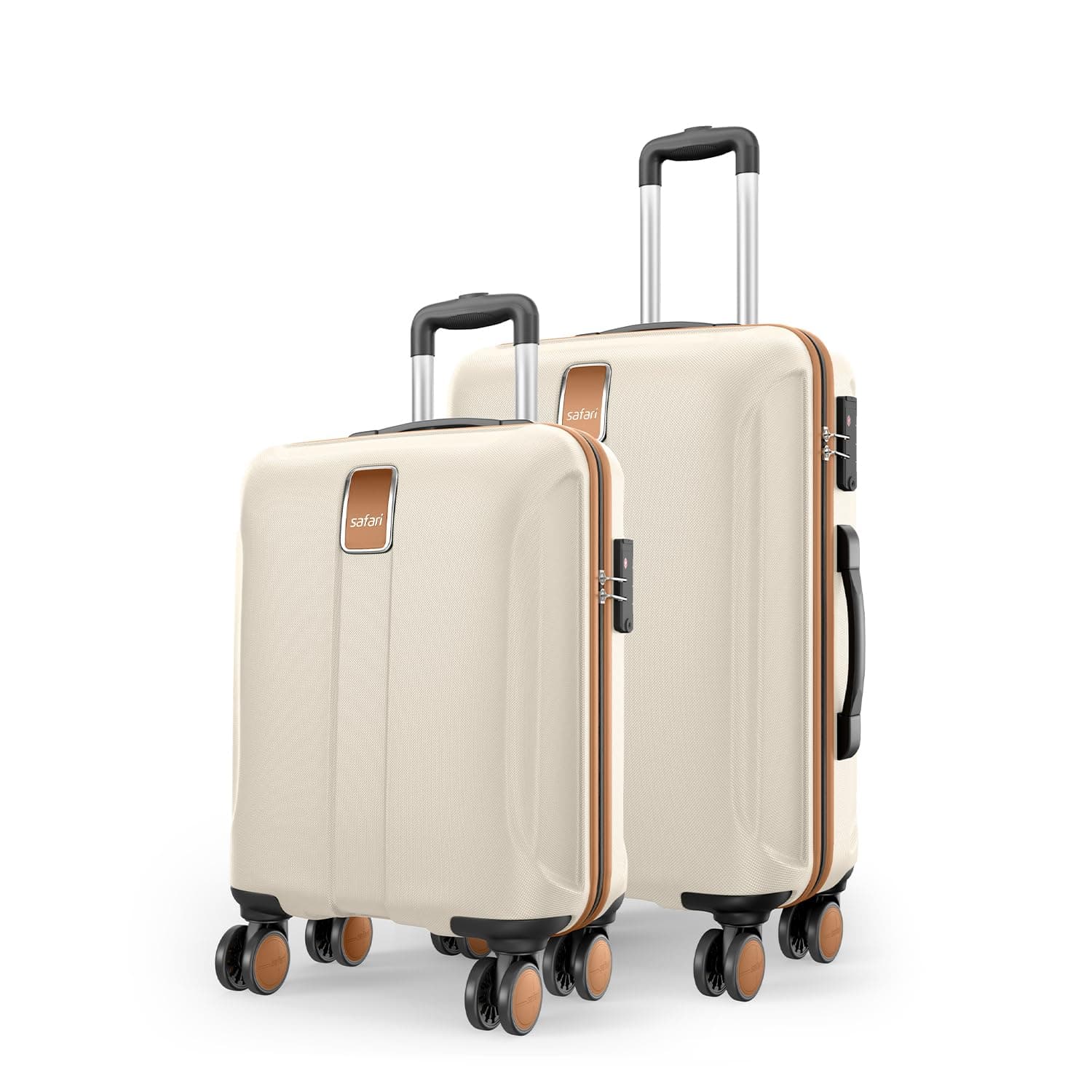 Safari Thorium Royale 8 Wheels 55cm Cabin Trolley Bag Hard Case Carry-on Polycarbonate Luggage, TSA Lock, Wet Pouch Organized Interior, Suitcase for Travel, Trolley Bags for Travel - Vanilla Tan / Set of 2 ( 55 cm/66 cm )