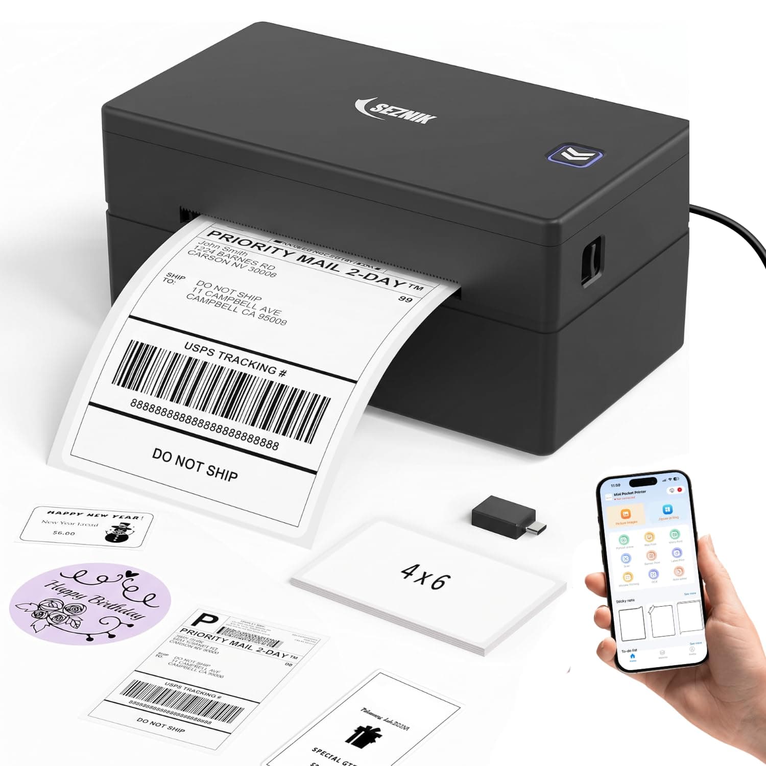 SEZNIK DEV Bluetooth Thermal Label + Receipt Printer for Business | Inkless Mini | 203 DPI | Mobile, Desktop Compatible | Upto 2 inch Print | Lifetime Free Label Print App | 1 Year Warranty - LabelX (4-Inch Classic Label Printer)