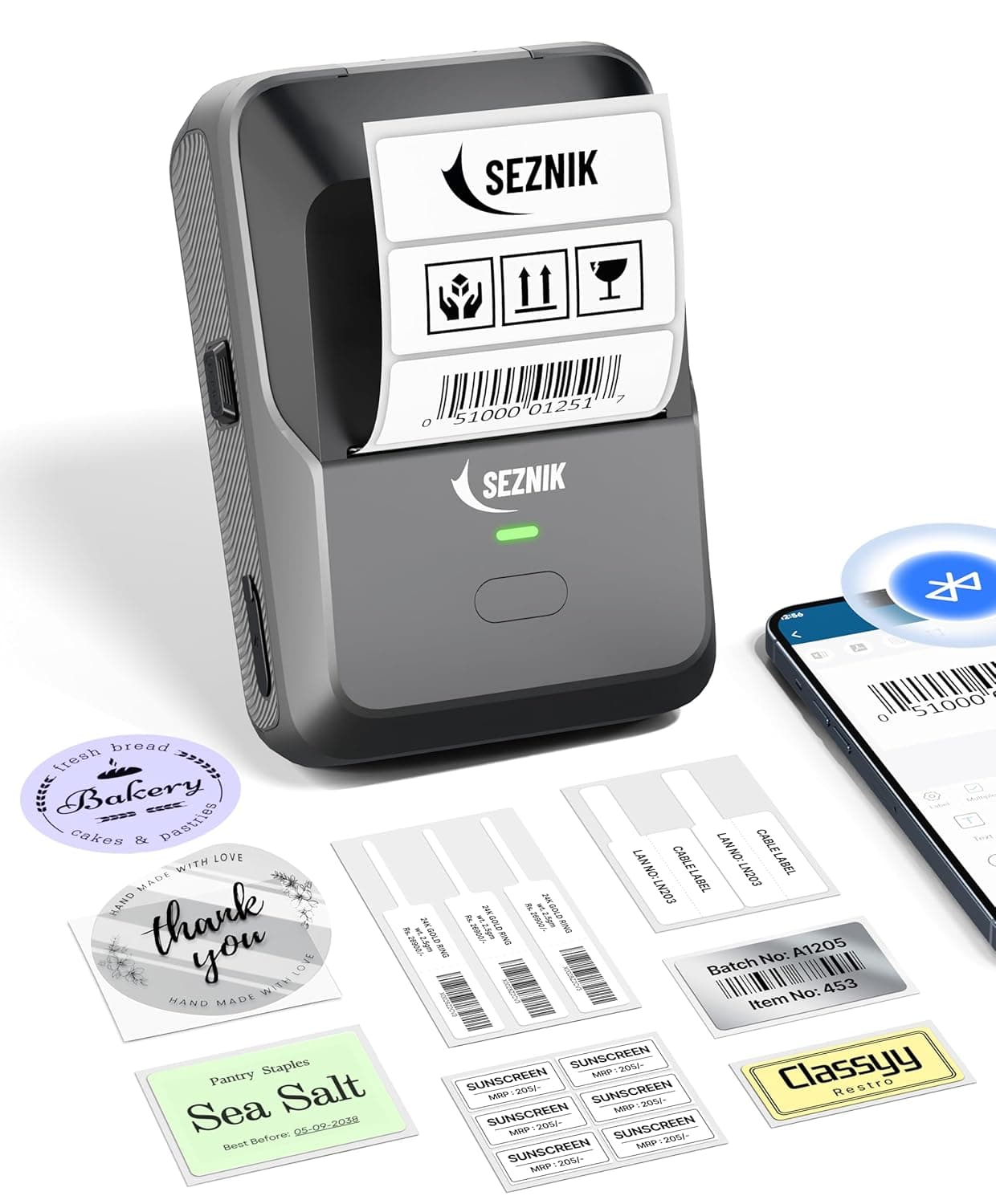 SEZNIK DEV Bluetooth Thermal Label + Receipt Printer for Business | Inkless Mini | 203 DPI | Mobile, Desktop Compatible | Upto 2 inch Print | Lifetime Free Label Print App | 1 Year Warranty - Josh (2-inch Pro Label Printer)